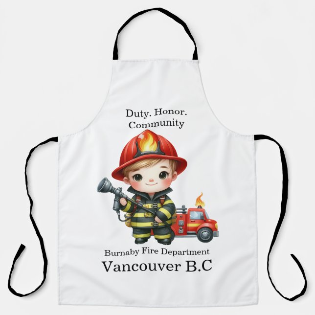 Cute young firefighter in red gear apron (Front)