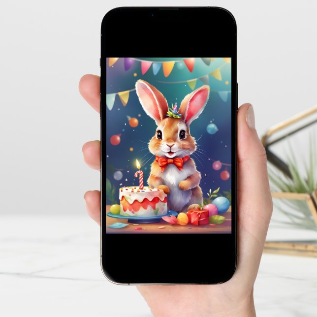 Cute young rabbit with birthday cake! | Card (Front Digital)