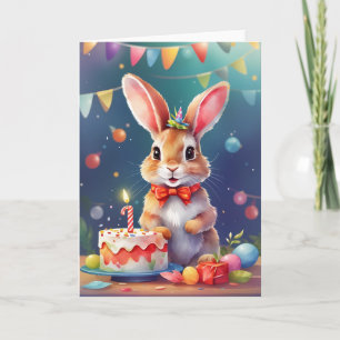 Cute young rabbit with birthday cake!   Card