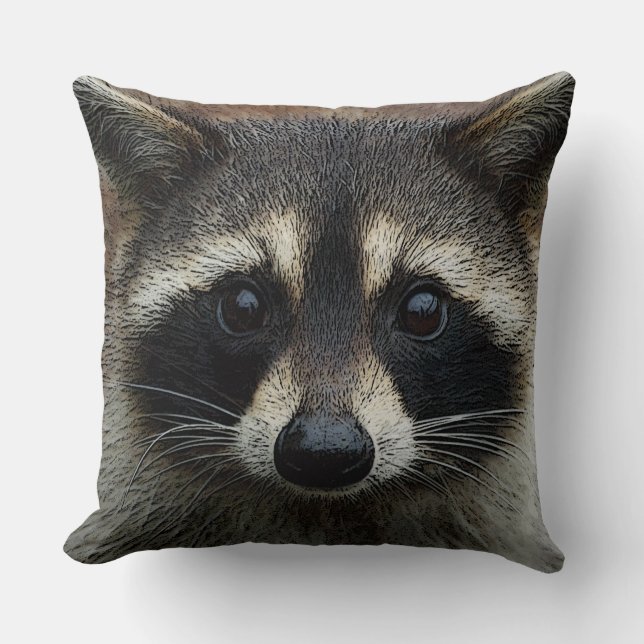 Cute Young Raccoon Face Mask and Stare Close Up Throw Pillow (Front)