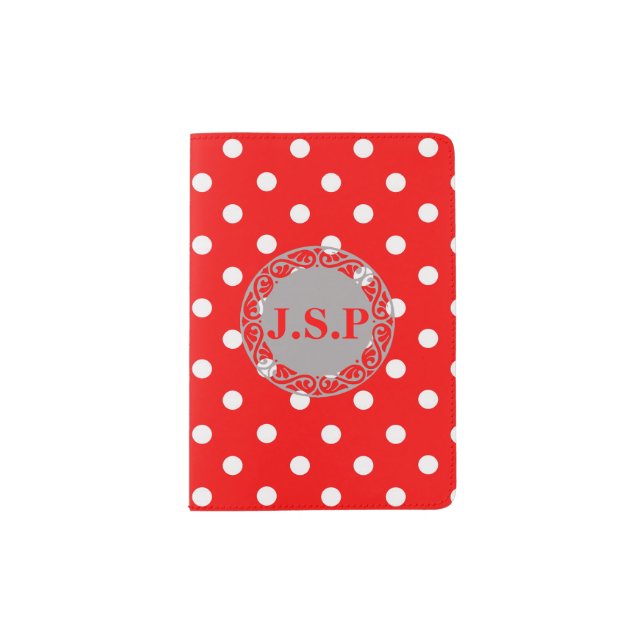 Cute Young Red White Polka Dot Pattern Monogram Passport Holder (Front)