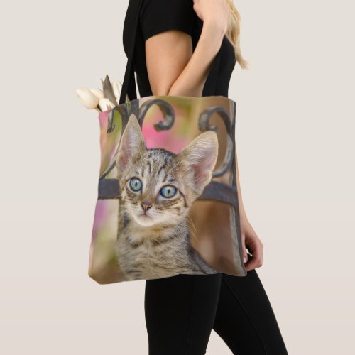 Cute Young Tabby Kitten with Blue Eyes in a Garden Tote Bag