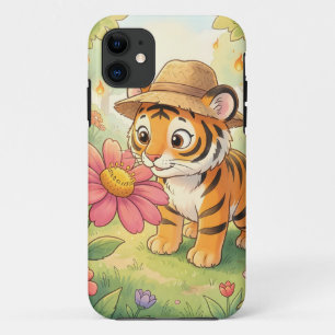 Cute young tiger with hat in garden iPhone 11 case