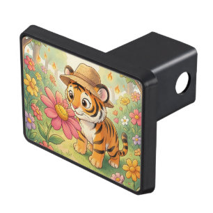 Cute young tiger with hat in garden hitch cover