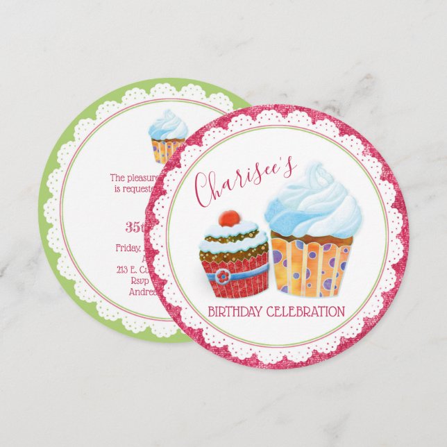 Cute Yummy Cupcakes Birthday Party Invitation (Front/Back)
