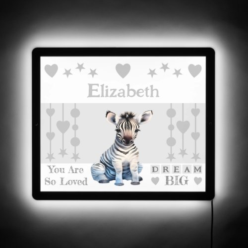 Cute zebra add name dream big stars grey LED sign