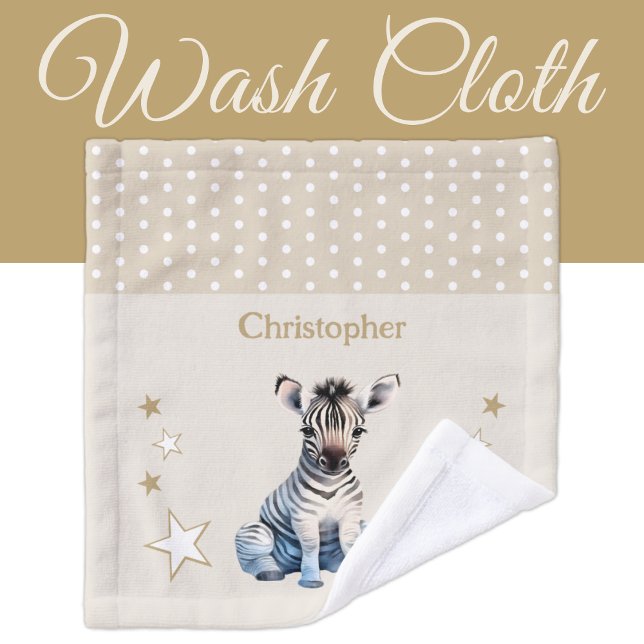 Cute zebra add name polka dots stars brown wash cloth (Creator Uploaded)