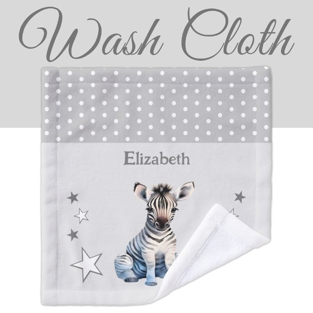 Cute zebra add name polka dots stars grey wash cloth (Creator Uploaded)