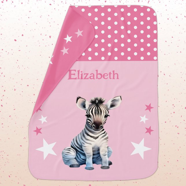 Cute zebra add name polka dots stars pink baby blanket (Creator Uploaded)