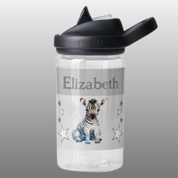Cute Zebra Add Name With Stars Kids Grey Water Bottle by LynnroseDesigns at Zazzle