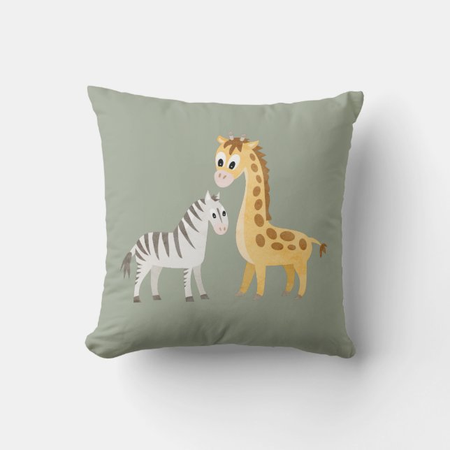 Cute Zebra and Giraffe Safari Baby Throw Pillow (Front)