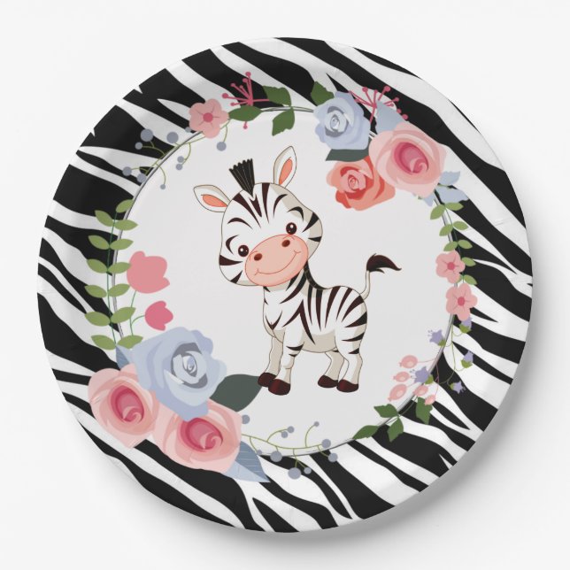Cute Zebra Animal Print Baby Shower Paper Plates (Front)