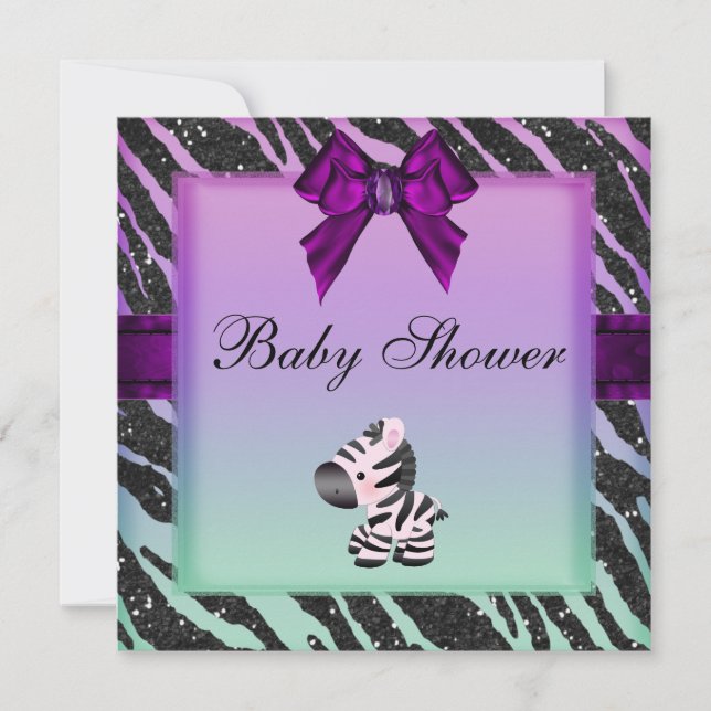 Cute Zebra & Animal Print Glitter Baby Shower Invitation (Front)