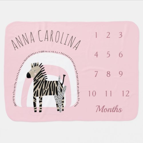 Cute Zebra Animal Rainbow Girl Milestone Pink  Baby Blanket