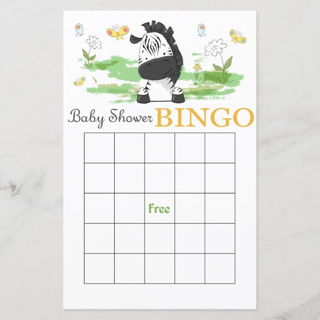 Cute zebra baby shower bingo card (Front)