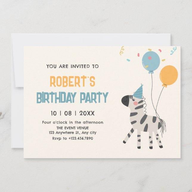 Cute zebra balloons birthday invitation (Front)