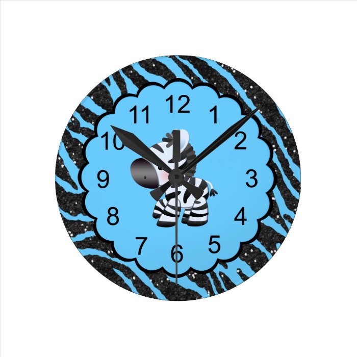 Cute Zebra & Blue & Black Glitter Animal Print Round Clocks