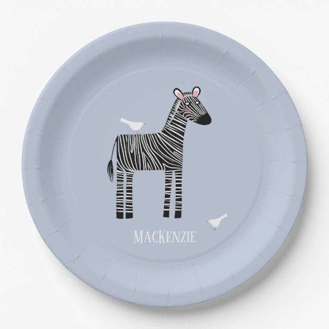 Cute Zebra Blue Boy Party Paper Plates (Front)