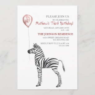 Cute Zebra Boy's Third Birthday Party Invitation