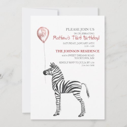 Cute Zebra Boy's Third Birthday Party Invitation