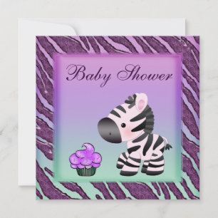 Cute Zebra & Cupcakes Purple Baby Shower Invitation