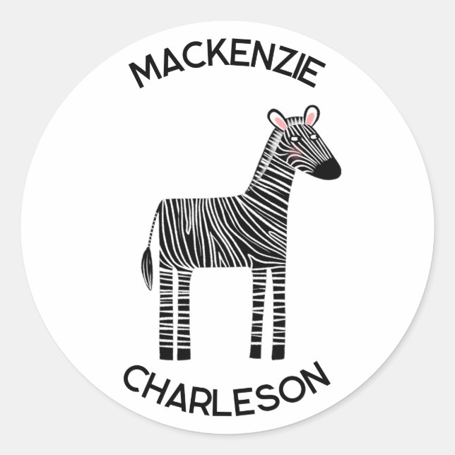 Cute Zebra Custom Name Classic Round Sticker (Front)