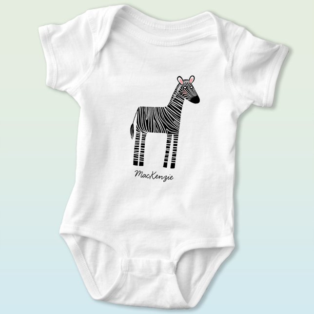 Cute Zebra Custom Name Personalized Baby Bodysuit (Fun personalized custom name zebra safari zoo animal baby bodysuit for a little boy or girl.)