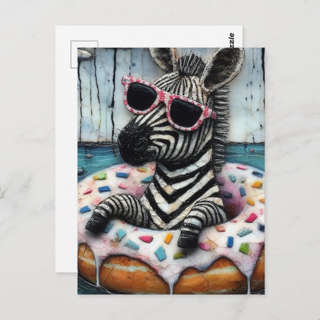 Cute Zebra Enjoys a Float Trip in Doughnut Postcard (Front/Back)
