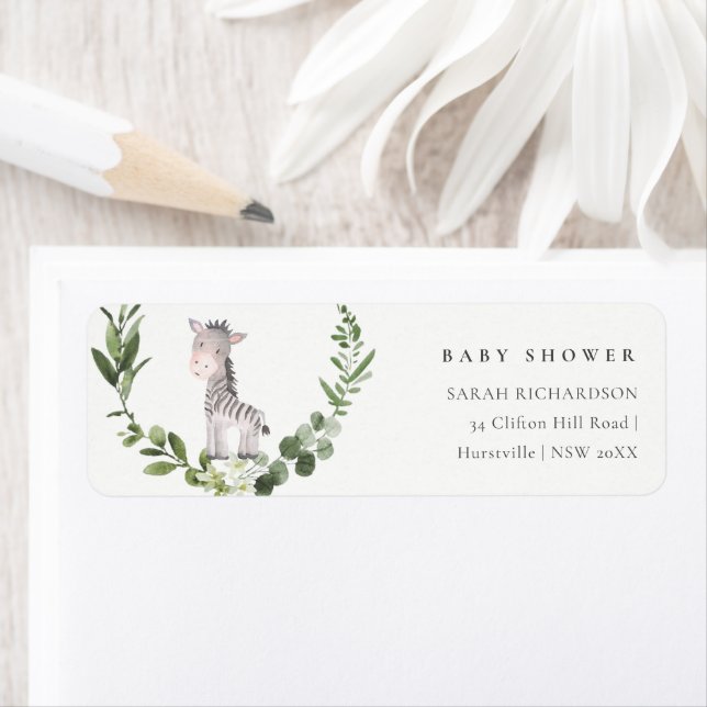 Cute Zebra Foliage Wreath Baby Shower Address Label (Insitu)