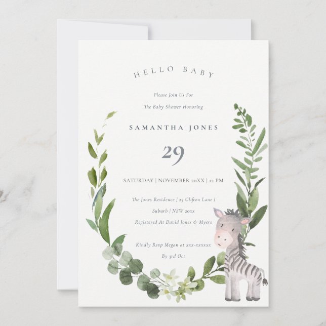 Cute Zebra Foliage Wreath Hello Baby Shower Invite (Front)