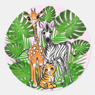 Cute zebra giraffe tiger jungle theme classic round sticker