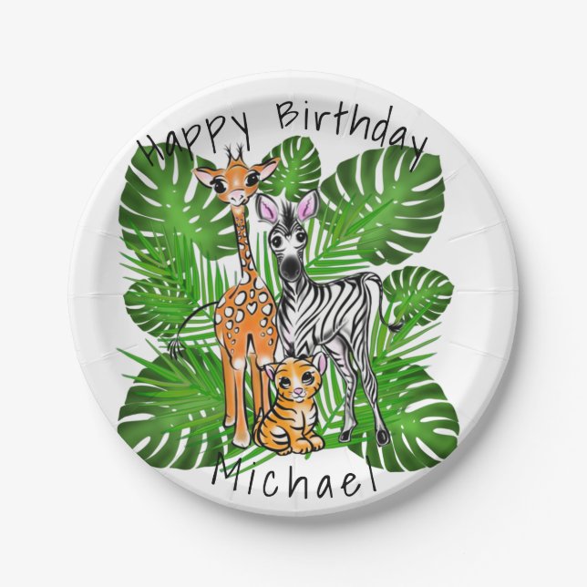 Cute zebra giraffe tiger jungle theme paper plates (Front)