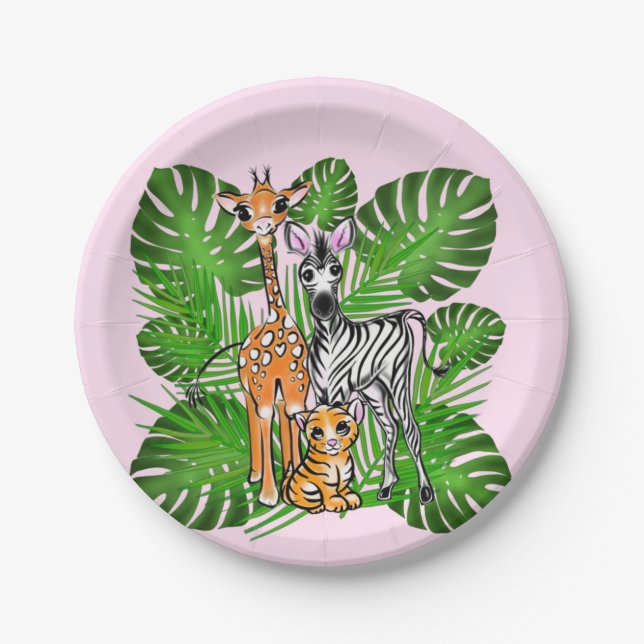 Cute zebra giraffe tiger jungle theme paper plates (Front)