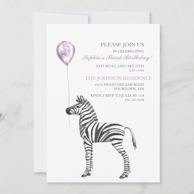 Cute Zebra Girl's Third Birthday Party Invitation (Front)