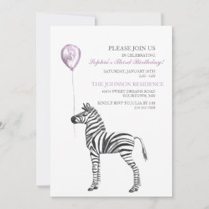 Cute Zebra Girl's Third Birthday Party Invitation