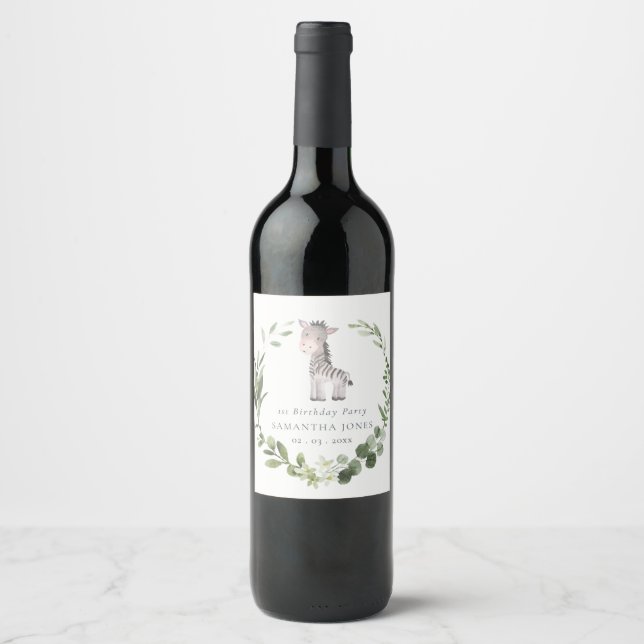 Cute Zebra Green Foliage Wreath Any Year Birthday  Wine Label (Front)
