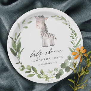 Cute Zebra Green Foliage Wreath Baby Shower Paper Plates