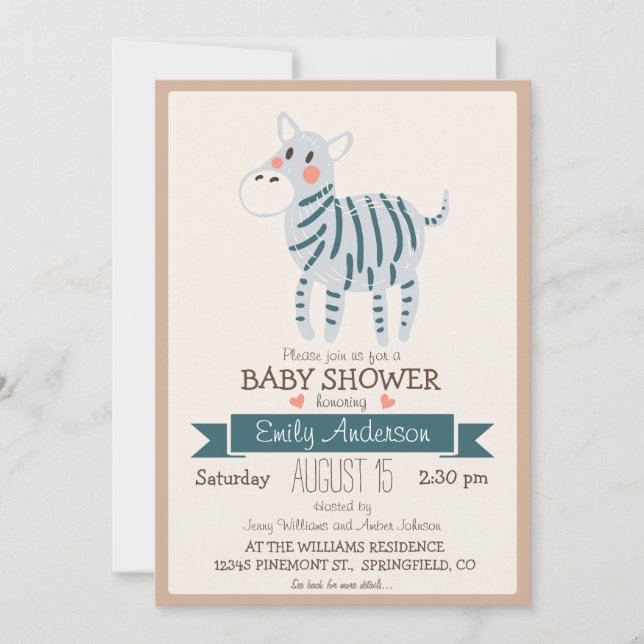 Cute Zebra, Jungle Zoo Animal Baby Shower Invitation (Front)