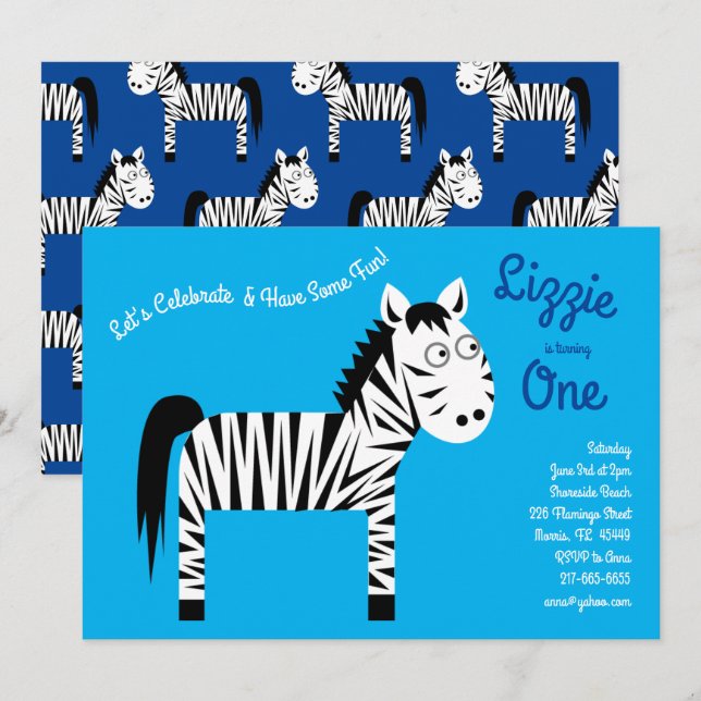 Cute Zebra Kids 1st Birthday Party Invitations (Front/Back)