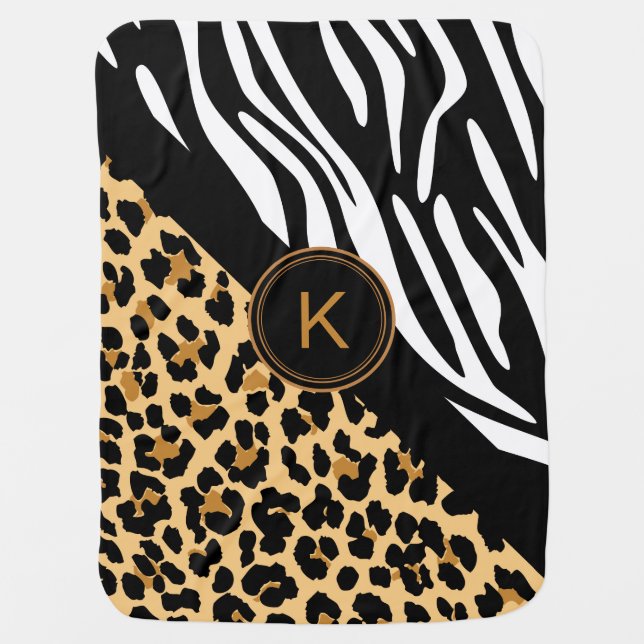 Cute Zebra Leopard Print Monogram Baby Blanket (Front)