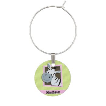 Cute Zebra; Lime Green & White Stripes Wine Charm by Birthday_Party_House at Zazzle