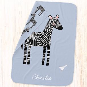 Cute Zebra Name Blue Baby Blanket