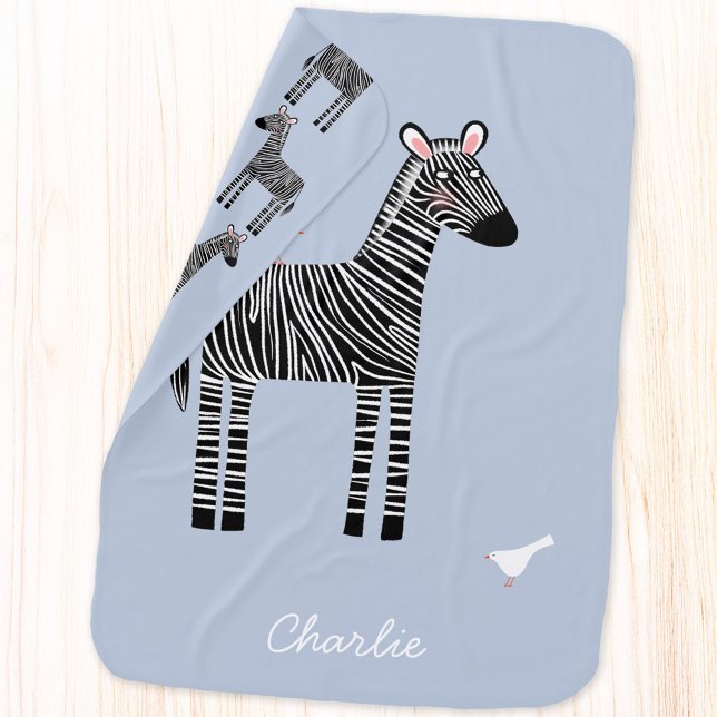 Cute Zebra Name Blue Baby Blanket (Fun zebra personalized kid name blue baby blanket)