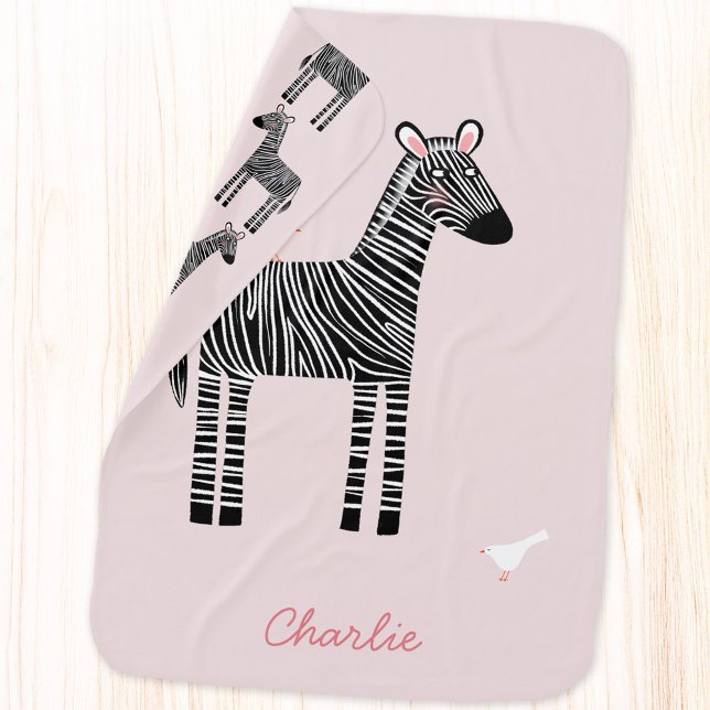 Cute Zebra Name Blush Pink Baby Blanket (Fun personalized custom baby child name zebra blush pink baby blanket)