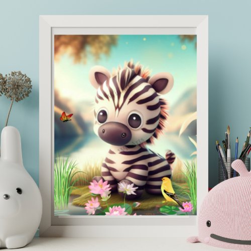 Cute Zebra near a pond with flowers and birds art  Poster