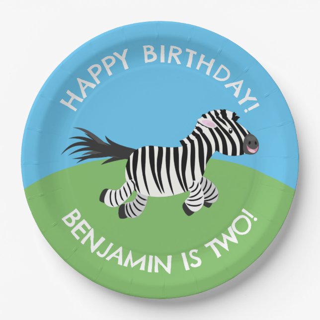 Cute zebra personalized cartoon birthday paper plates (Front)