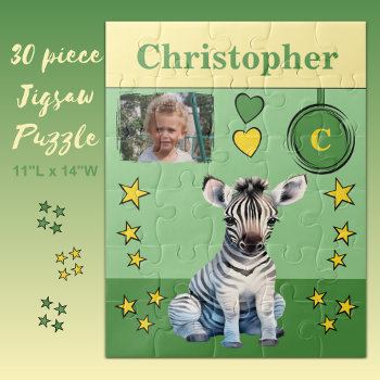 Cute Zebra Photo Name Green Yellow Kids Jigsaw Puzzle by LynnroseDesigns at Zazzle