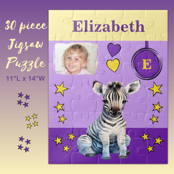 Cute Zebra Photo Name Purple Yellow Kids Jigsaw Puzzle by LynnroseDesigns at Zazzle