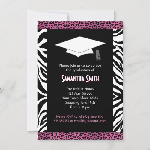 Cute Zebra &amp; Pink Leopard Print Photo Graduation Personalized Invitation