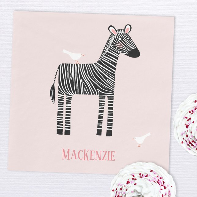 Cute Zebra Pink Party Napkins (Fun personalized name zebra party paper napkins)